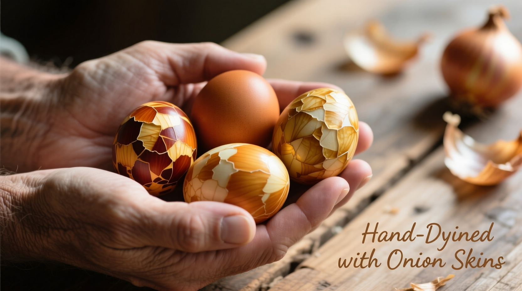 Hand holding naturally dyed eggs with onion skins