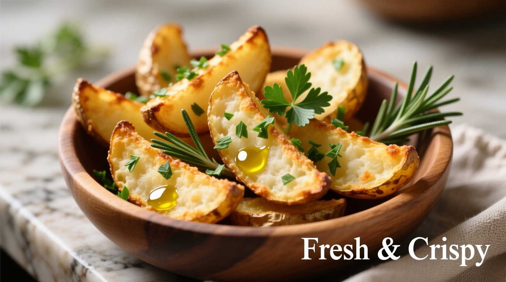 Golden crispy baked potato wedges with fresh herbs