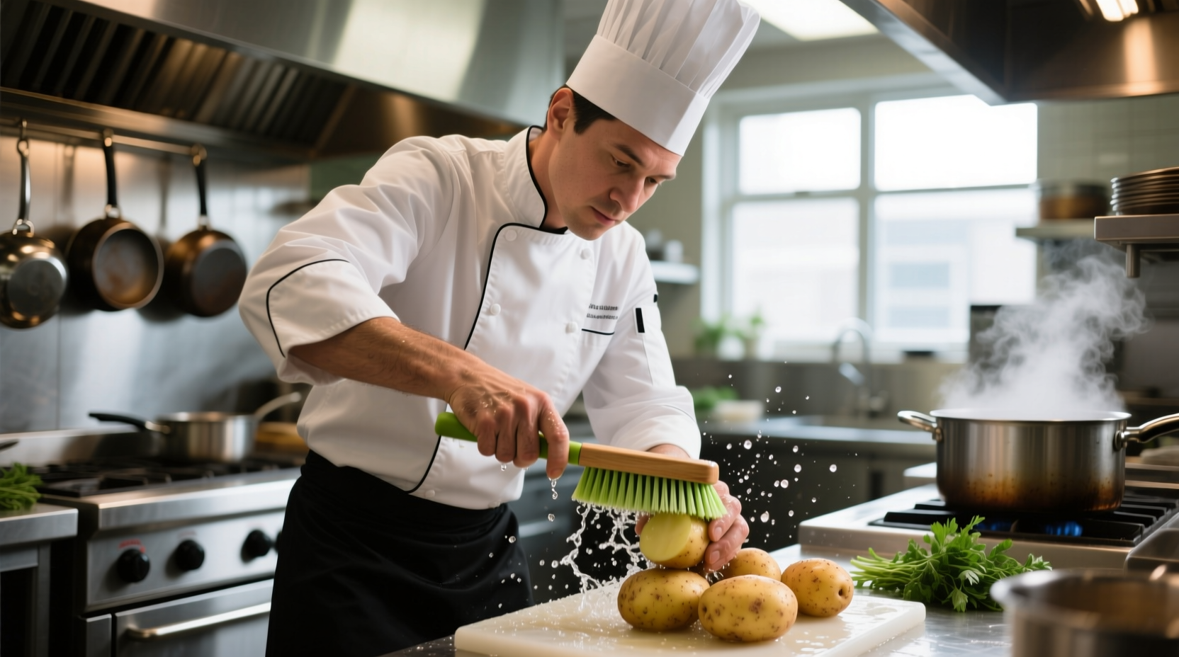 Professional chef scrubbing potatoes with vegetable brush