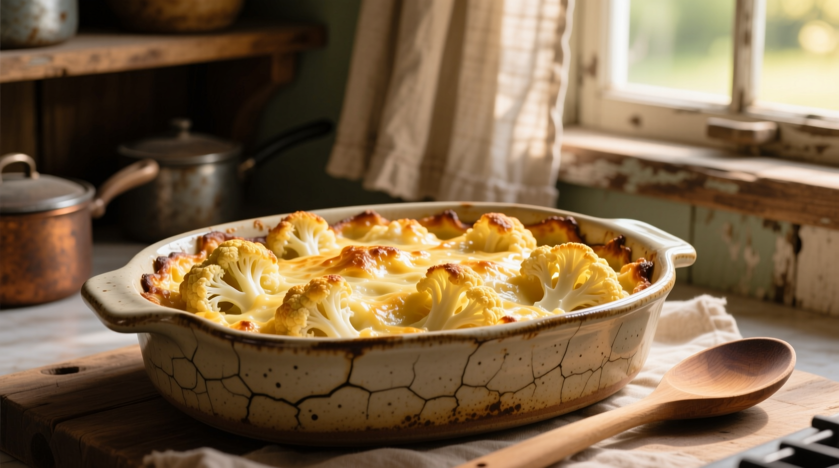 Golden cauliflower gratin in ceramic baking dish