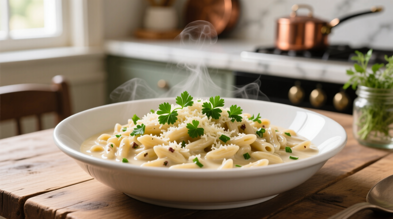 Creamy garlic parmesan orzo in white bowl with fresh parsley