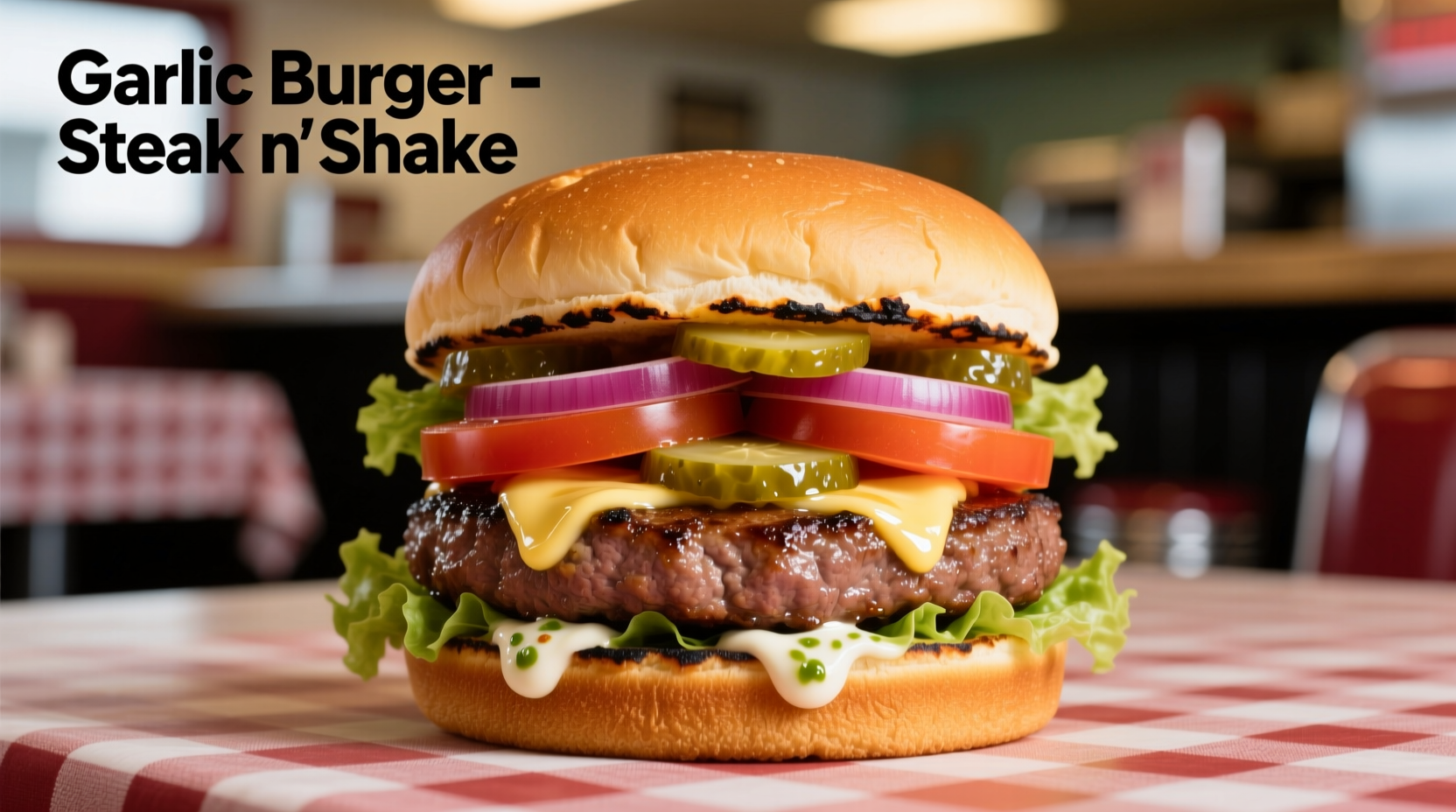 Steak n Shake garlic burger on toasted bun with fresh toppings