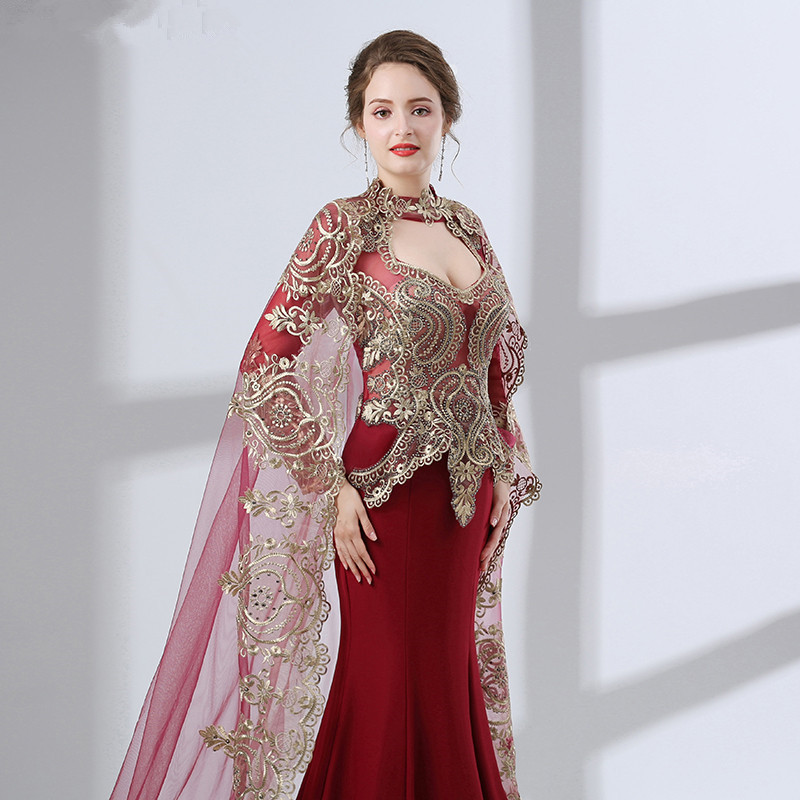 Luxury Wine Red Long Sleeve Muslim Dubai kaftans Pakistani Evening Dress Golden Lace Mermaid Dress With Detachable Long Shawl