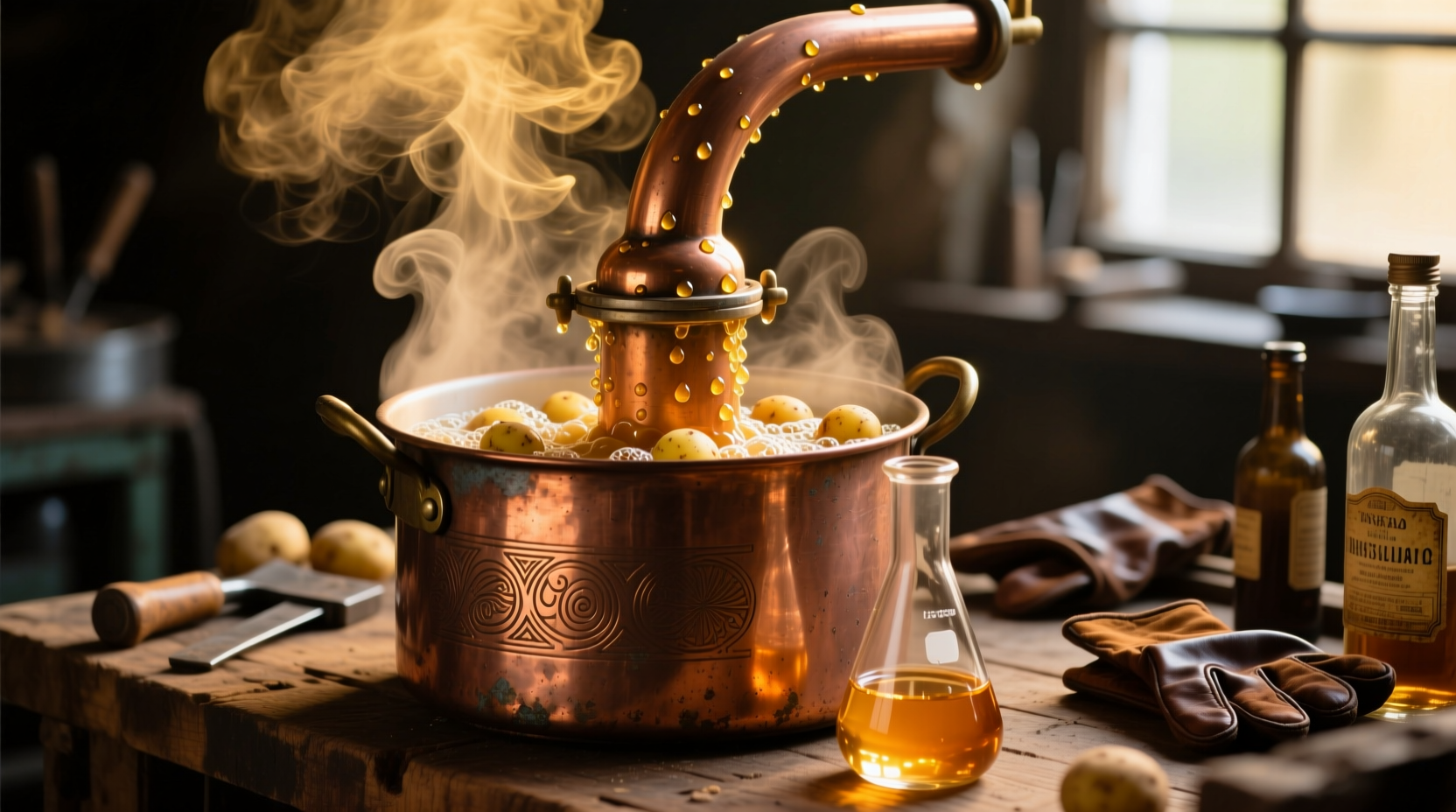 Potato vodka distillation process in copper still