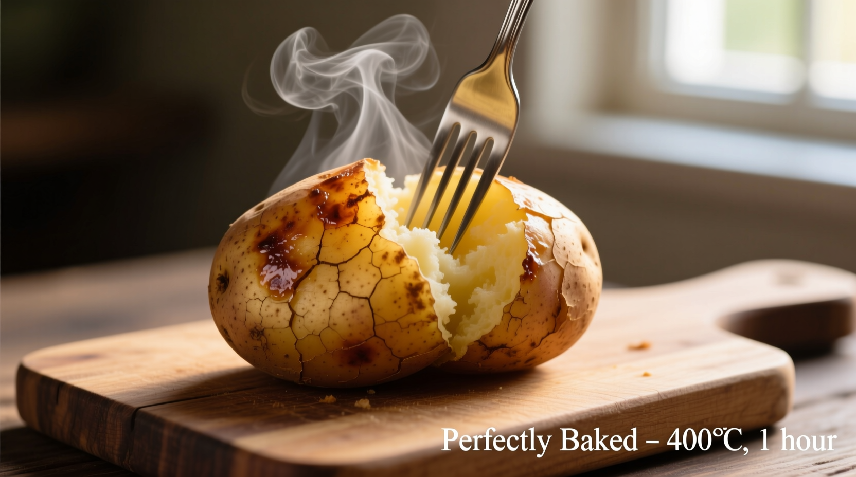 Perfectly baked potato with steam rising from fork test