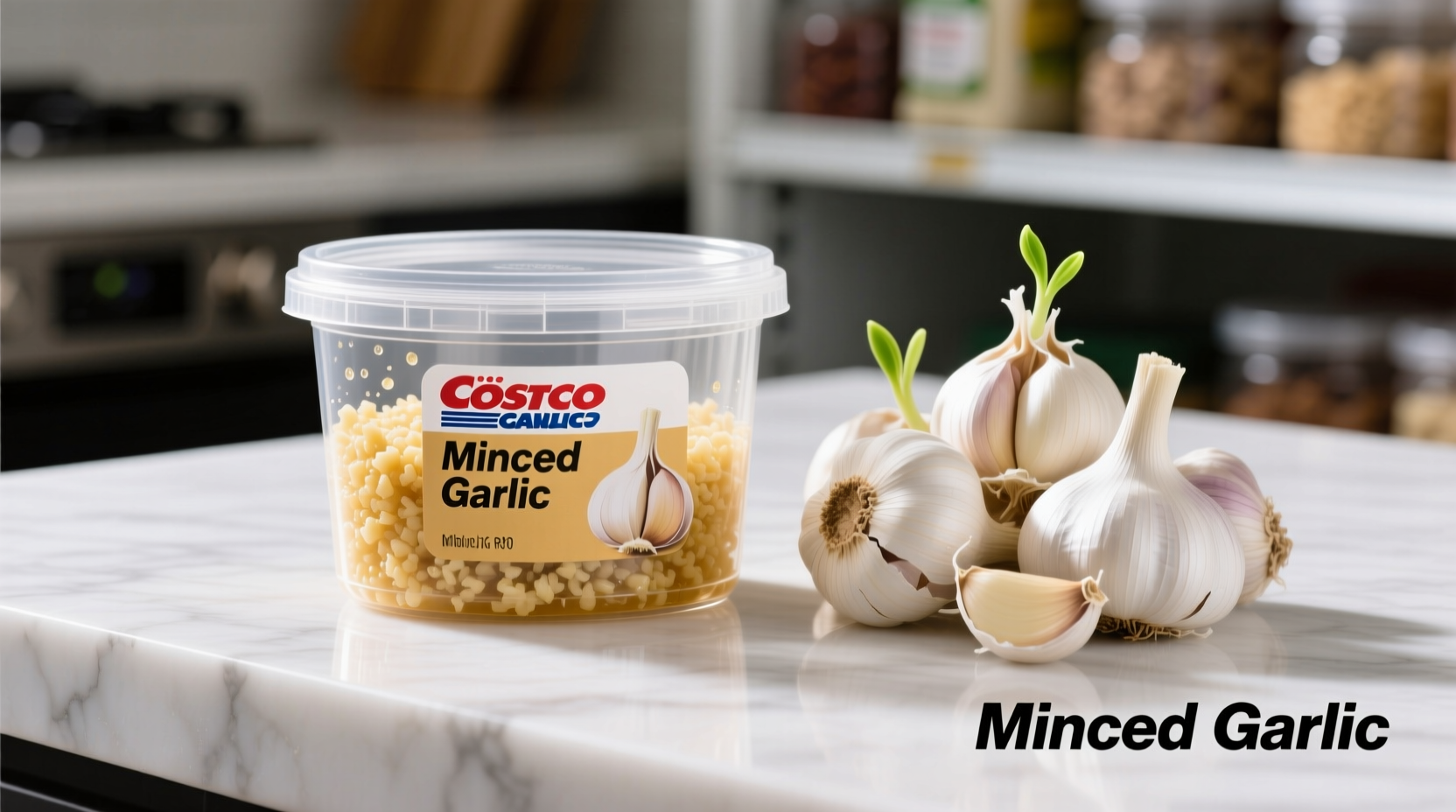 Costco minced garlic container next to fresh garlic cloves