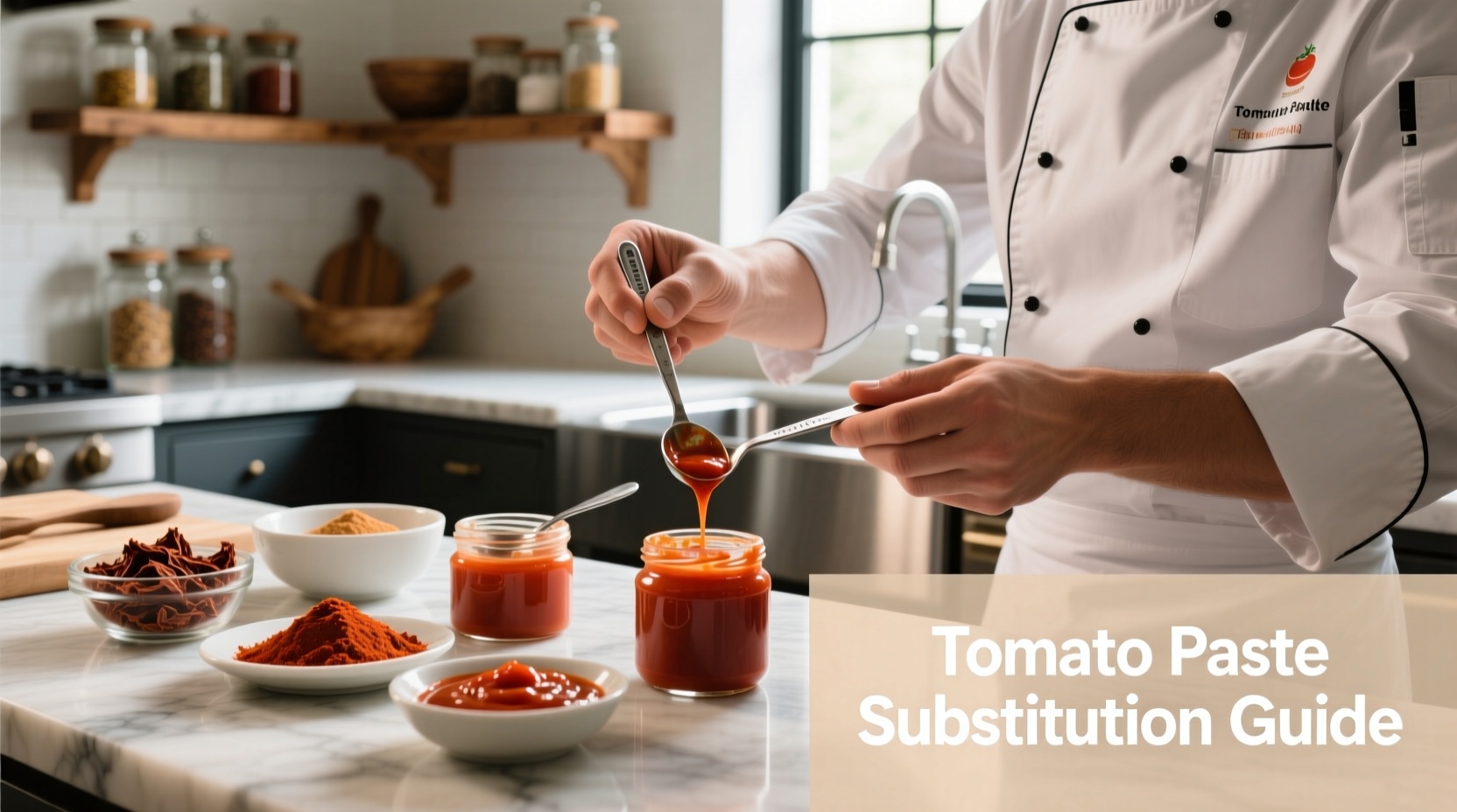 Chef measuring tomato paste substitution ratios