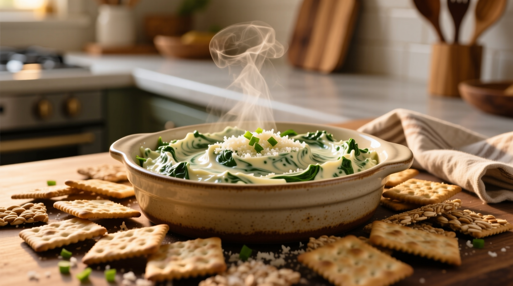 Creamy spinach dip in baking dish with crackers