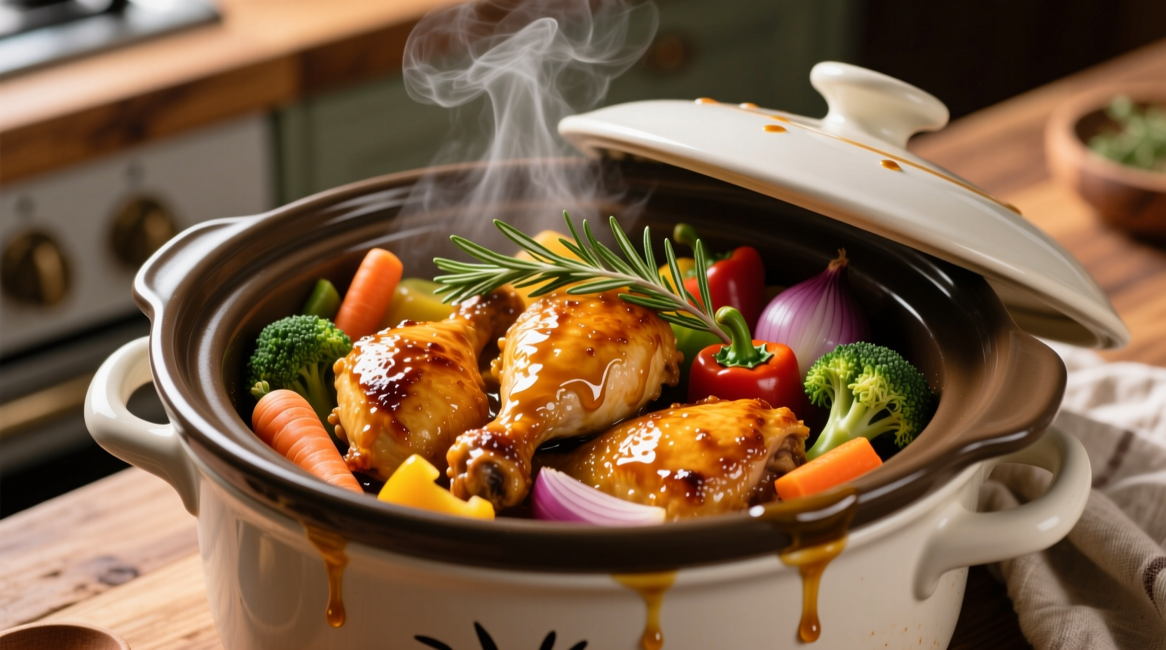 Slow cooker filled with honey garlic chicken and vegetables