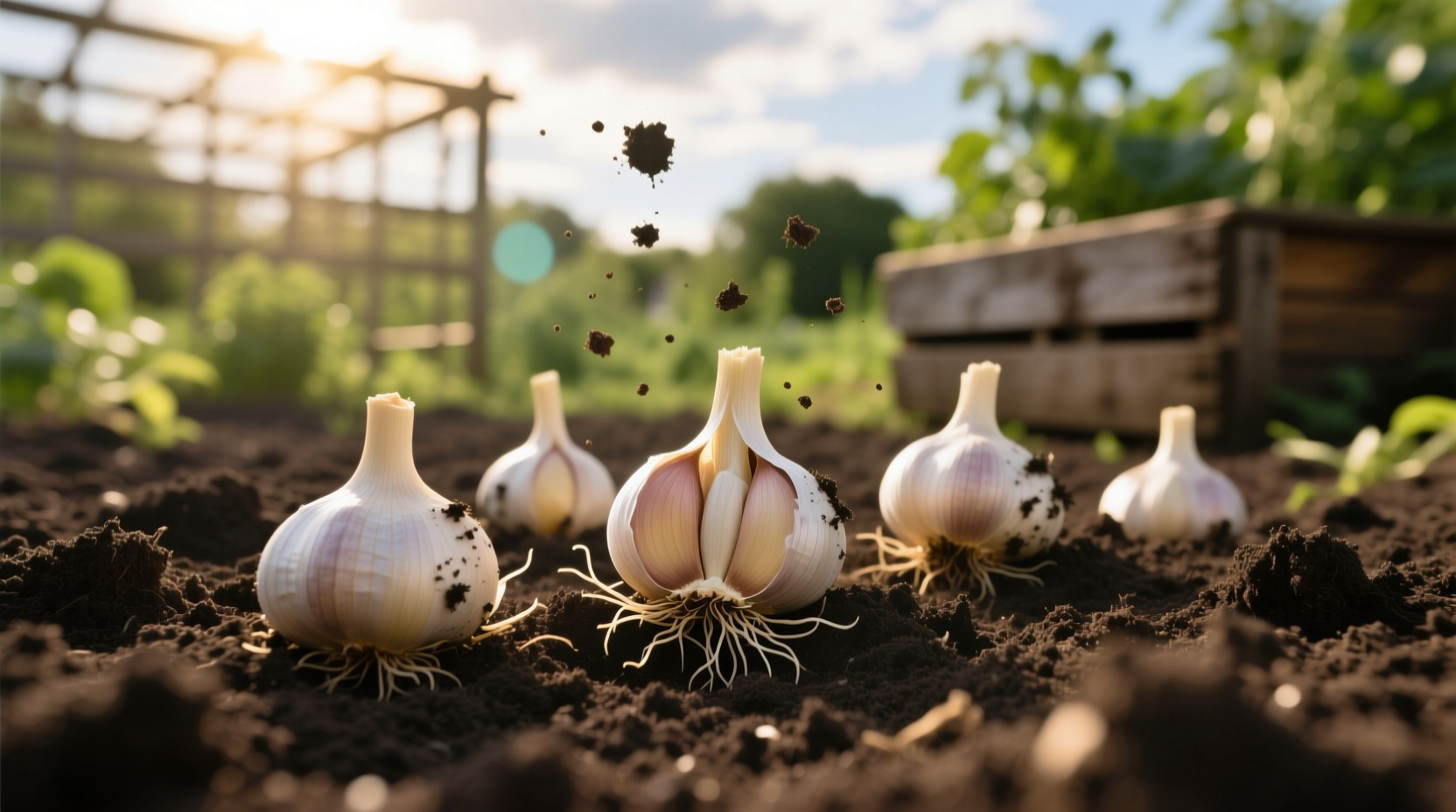 Garlic cloves planted in garden soil