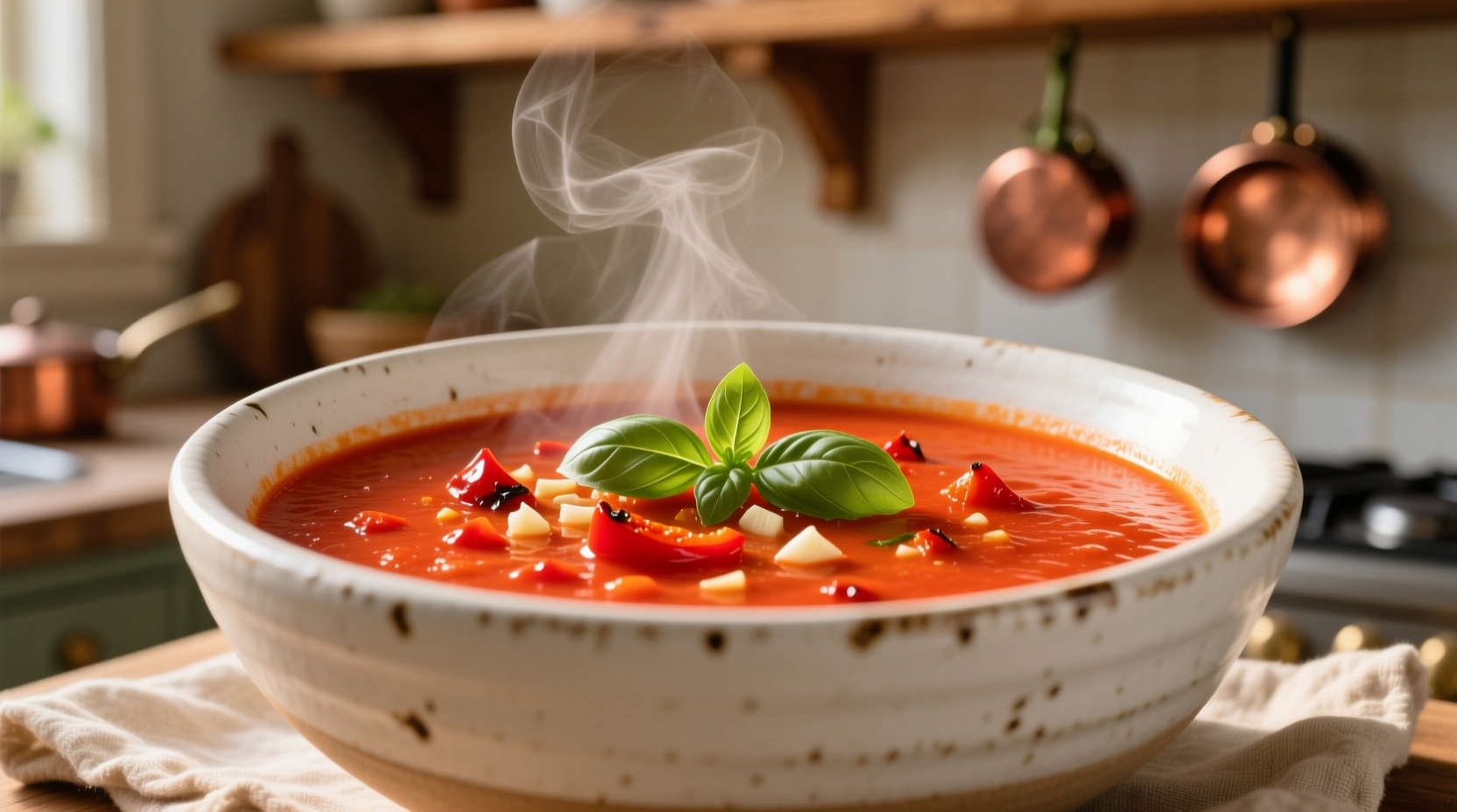 Vibrant tomato red pepper soup in white ceramic bowl
