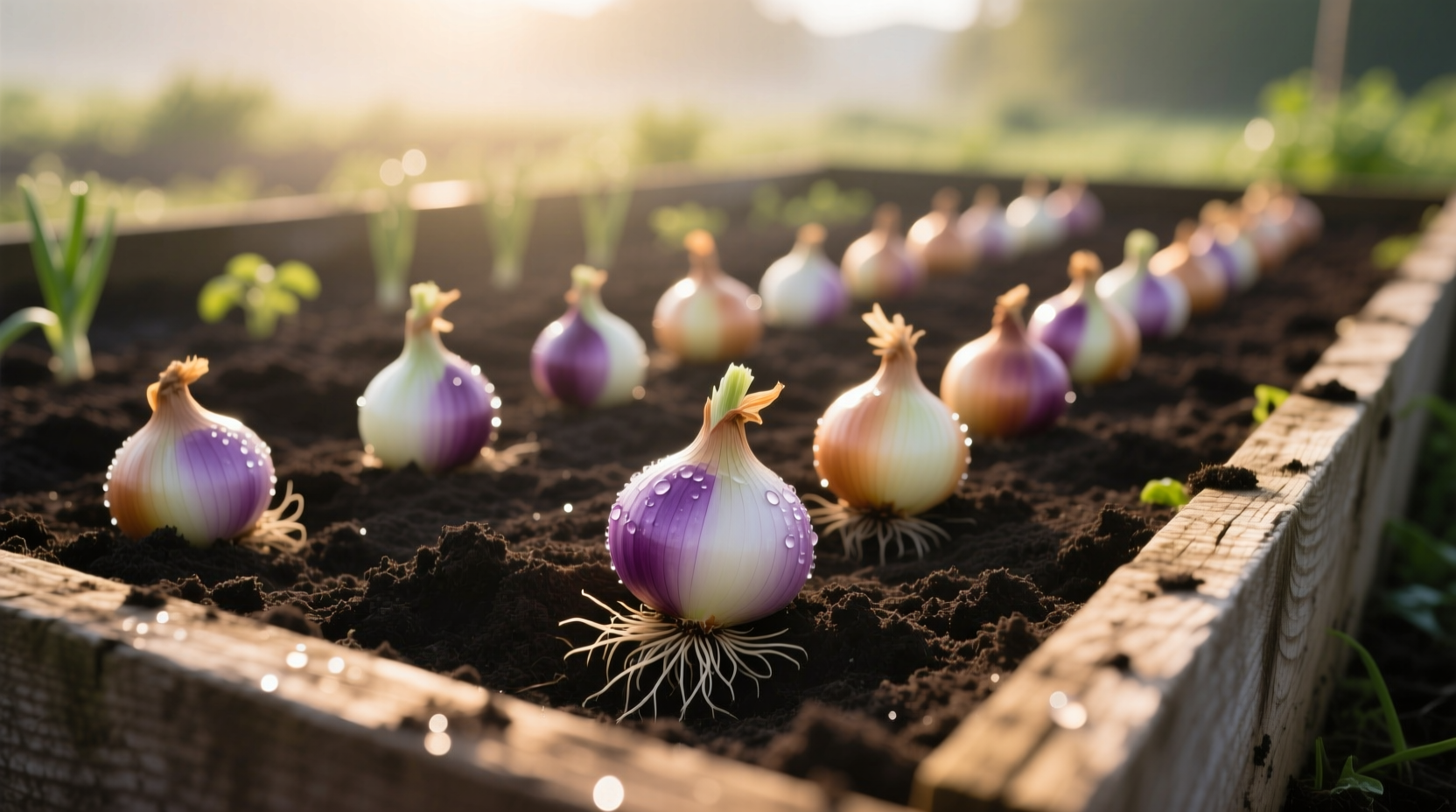 Vidalia onion sets ready for planting in garden soil