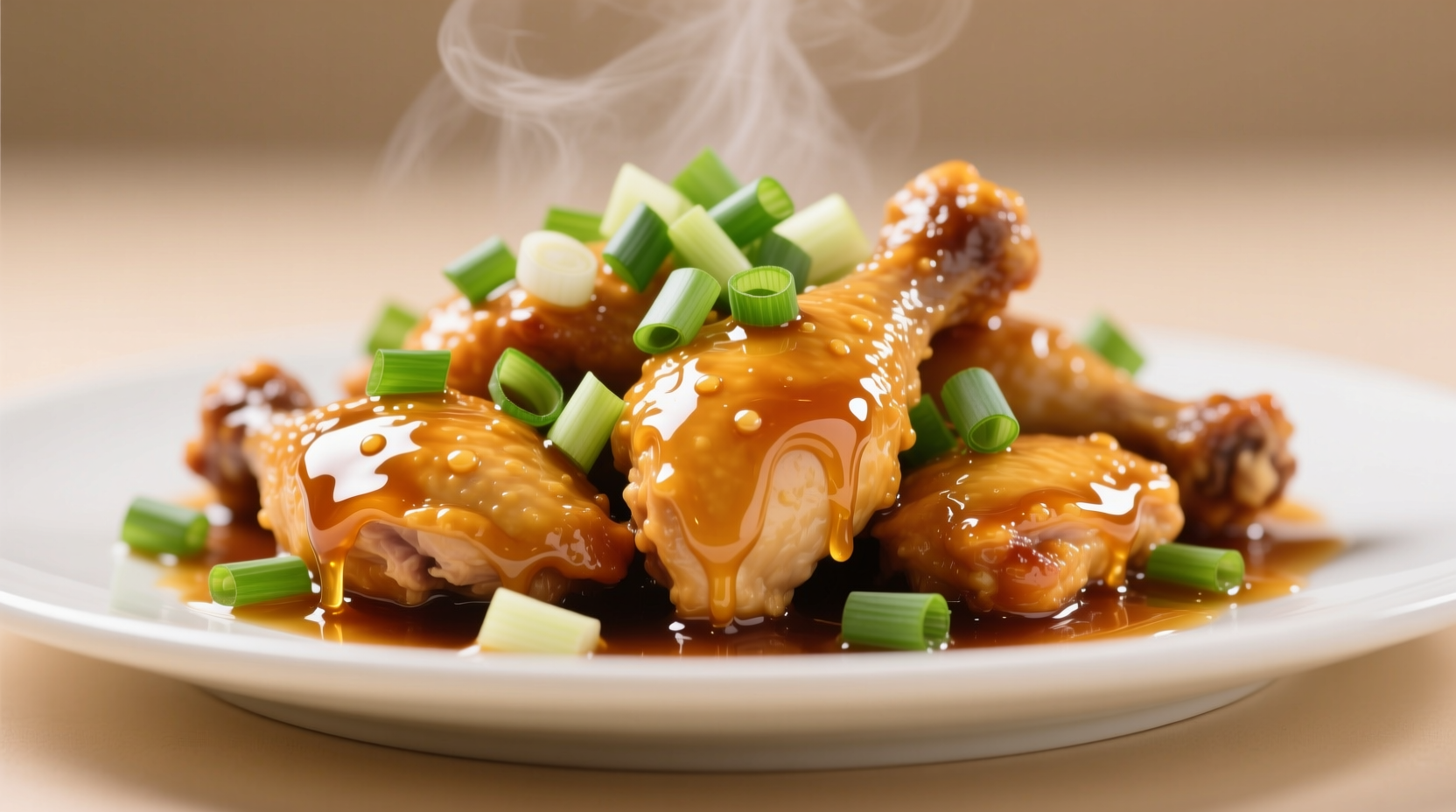 Glossy honey garlic chicken with green onions