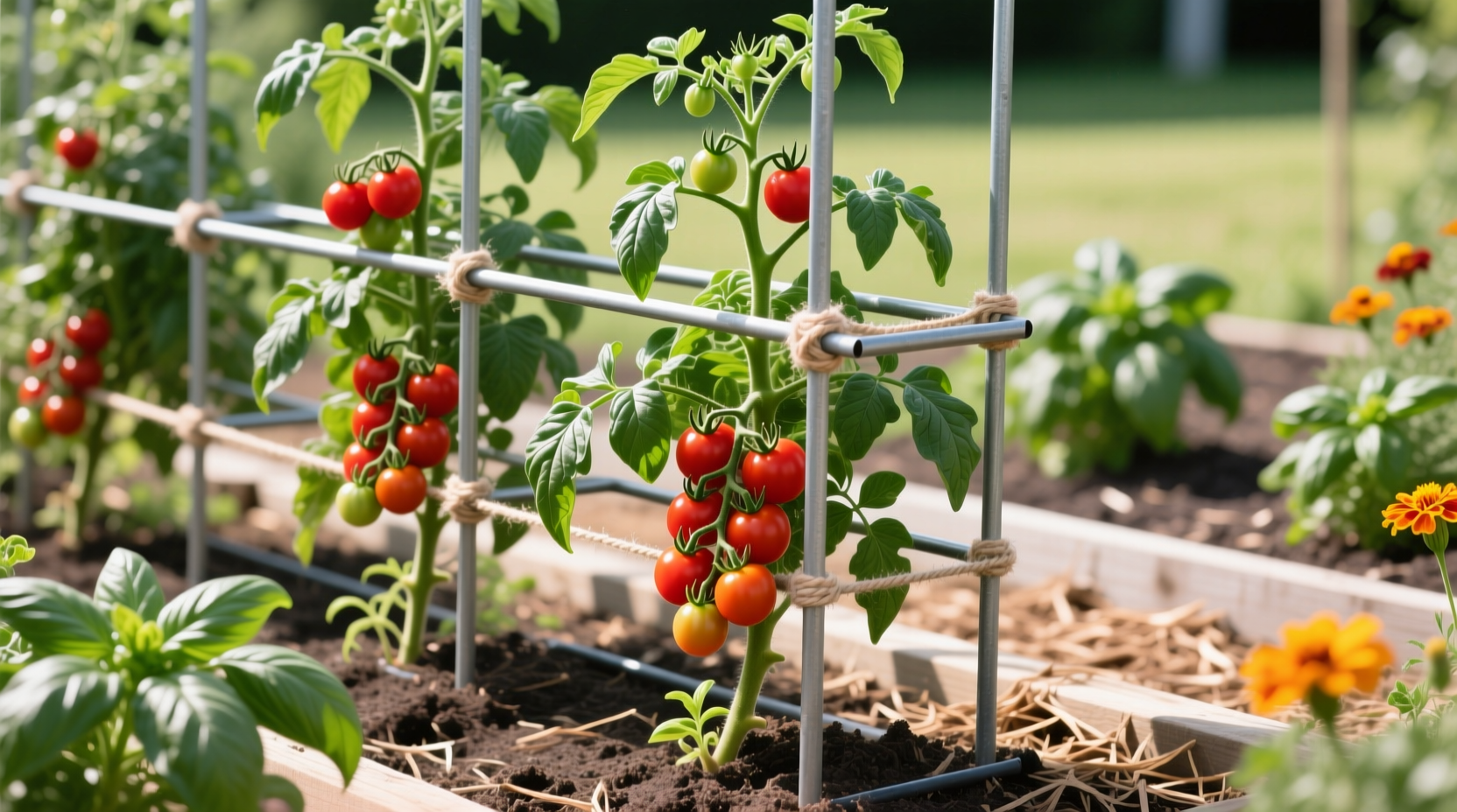 Properly installed tomato support system with healthy plants