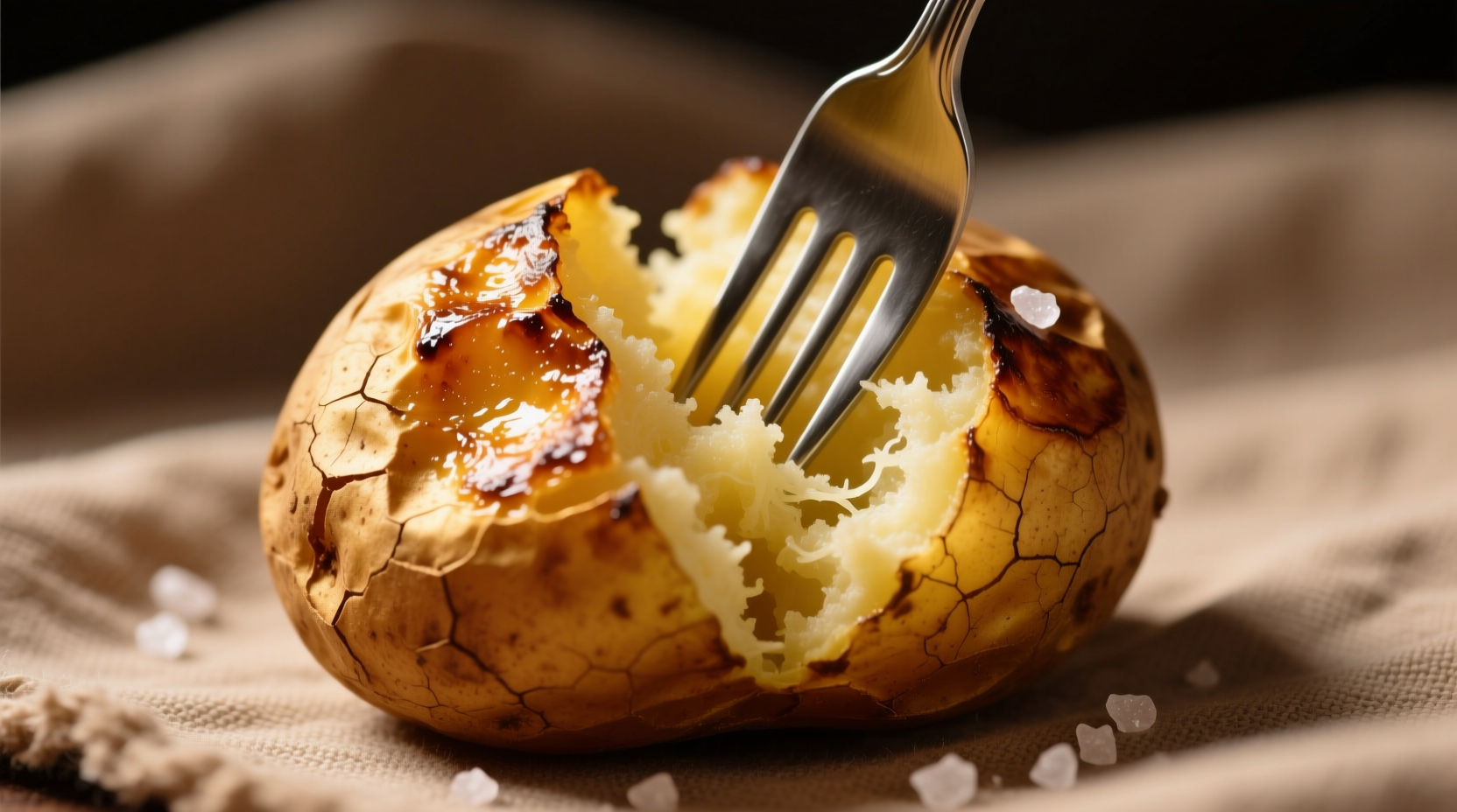Golden baked potato with fork showing perfect tenderness