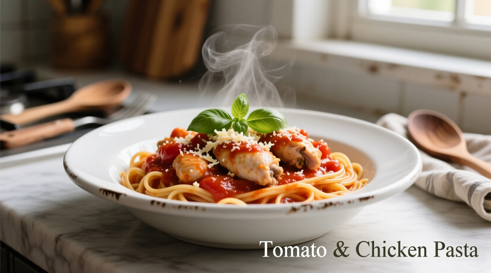 Tomato pasta with chicken in white bowl