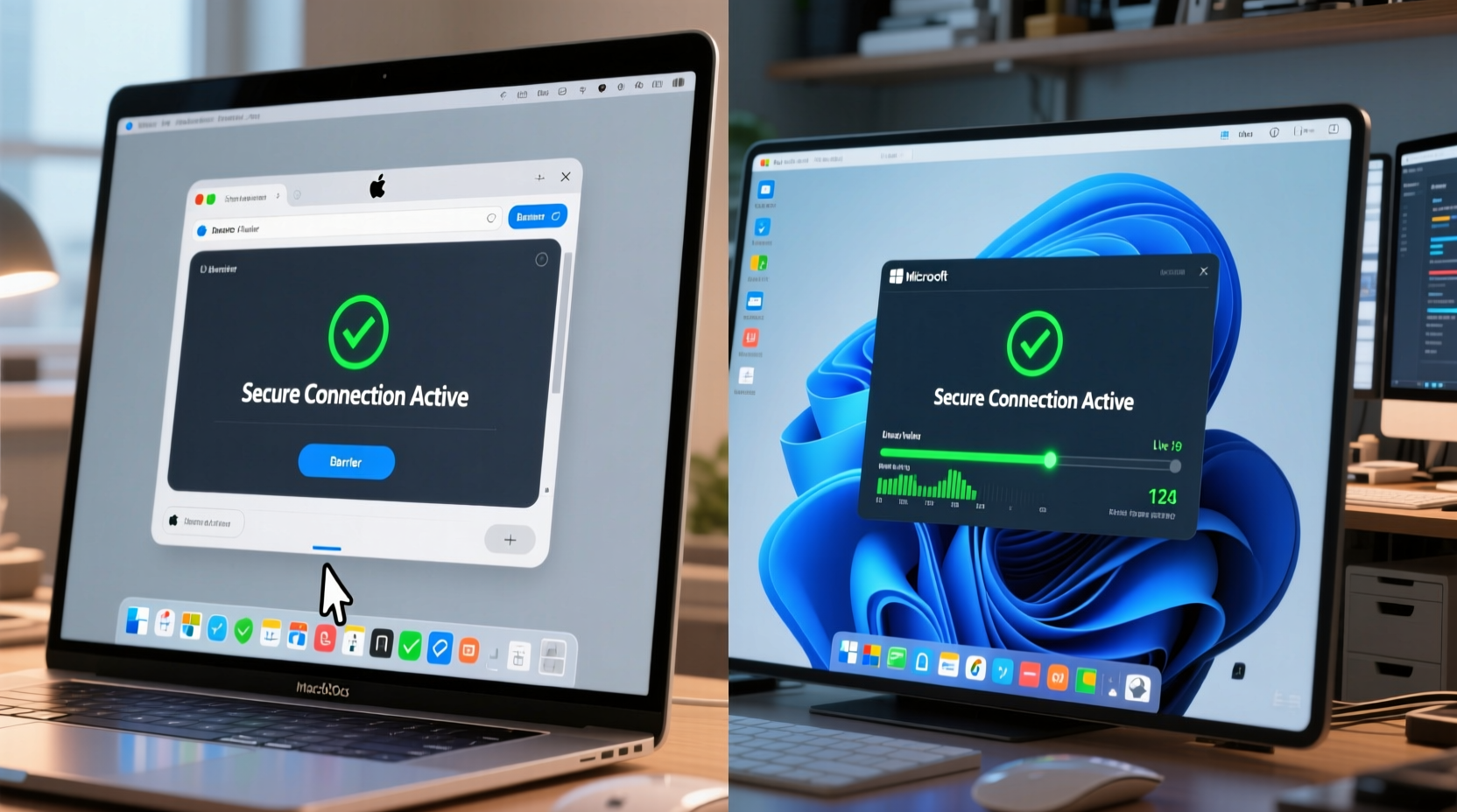 Side-by-side desktop view showing mouse cursor crossing smoothly from a macOS Dock into a Windows taskbar, with Barrier configuration windows open on both systems displaying active encrypted connection status