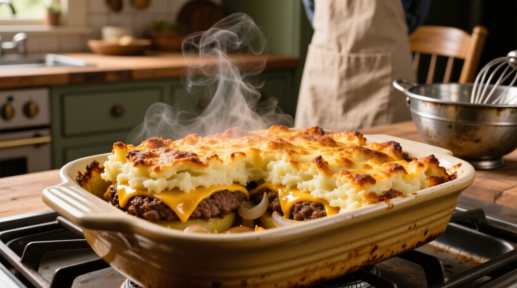 Golden potato hamburger casserole fresh from oven