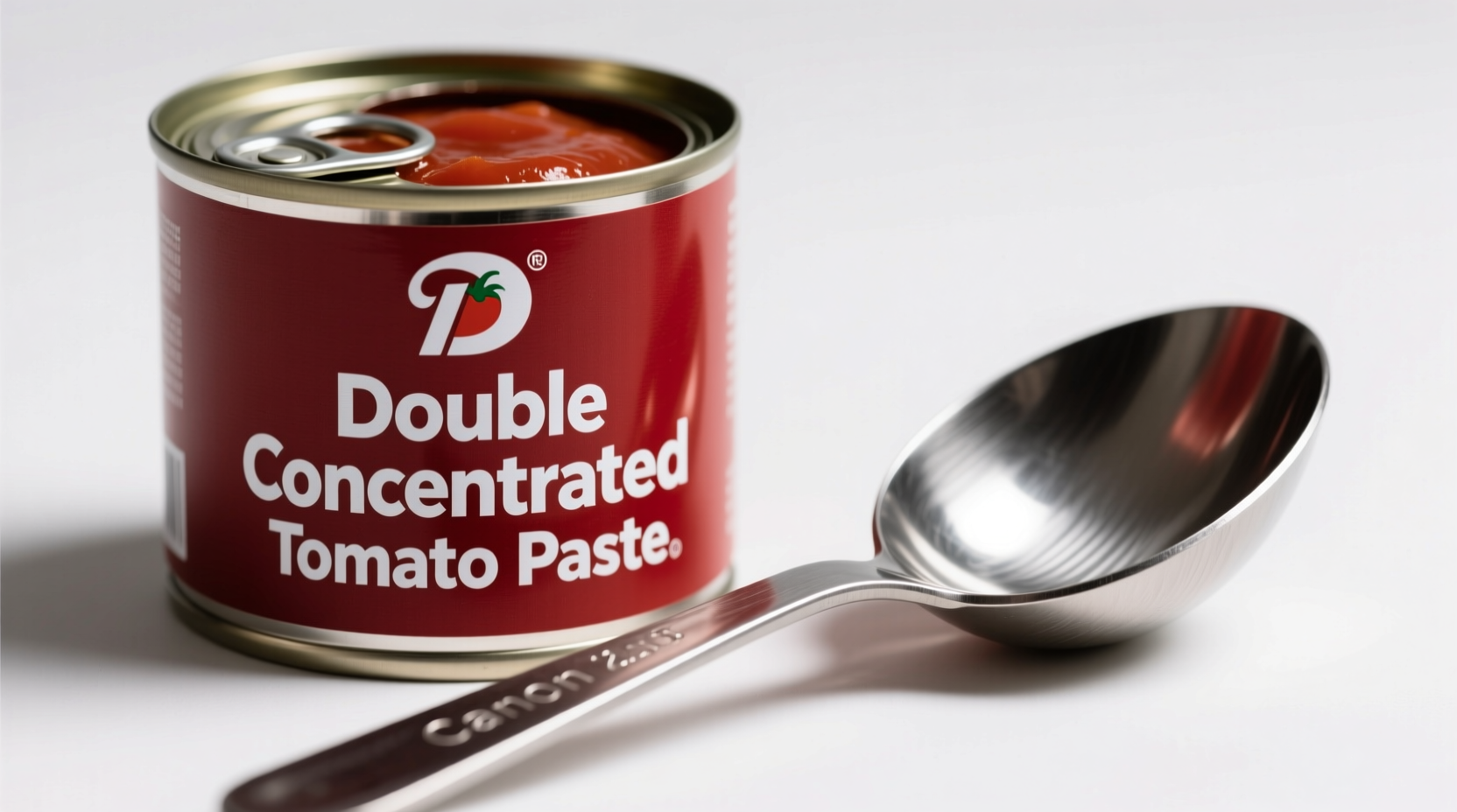 Double concentrated tomato paste in can next to measuring spoon