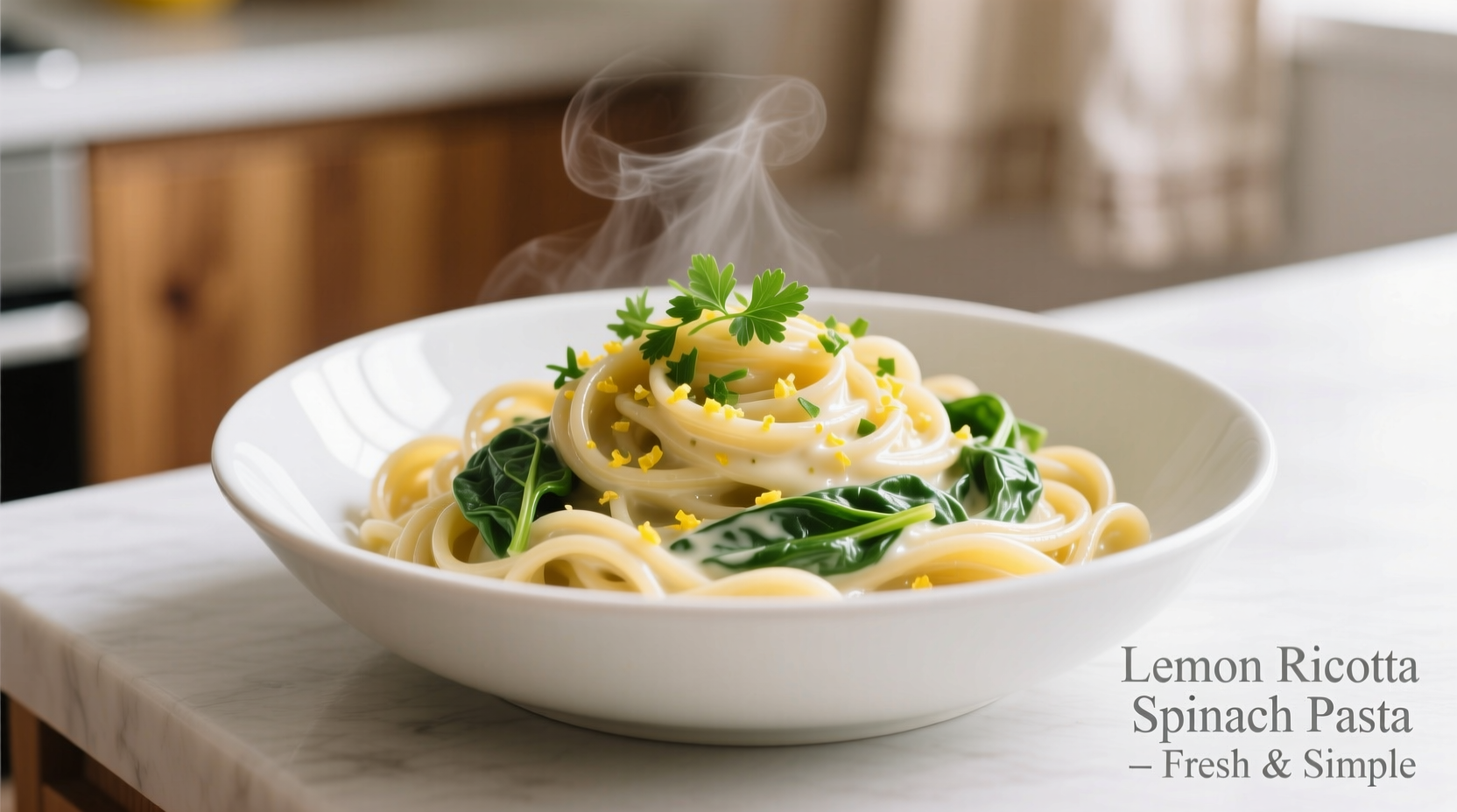 Creamy lemon ricotta spinach pasta in white bowl