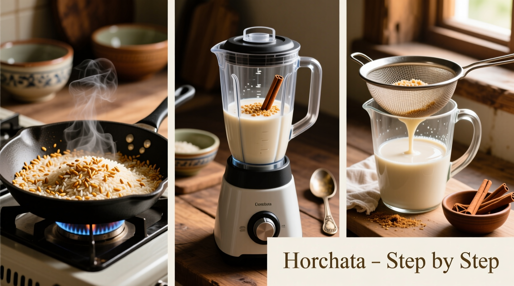 Step-by-step horchata preparation showing rice toasting and straining