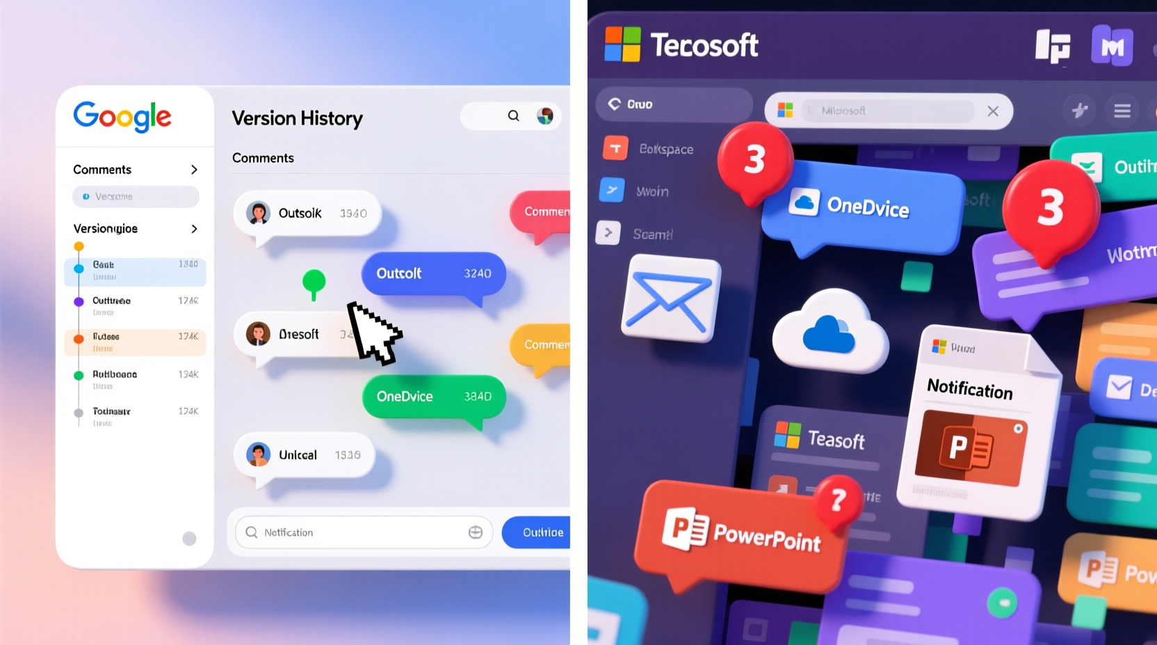 Side-by-side visual showing a Google Doc with live cursors, comments, and version history panel open—contrasted with a cluttered Microsoft Teams window showing overlapping notification badges, separate Outlook and OneDrive icons, and a minimized PowerPoint file