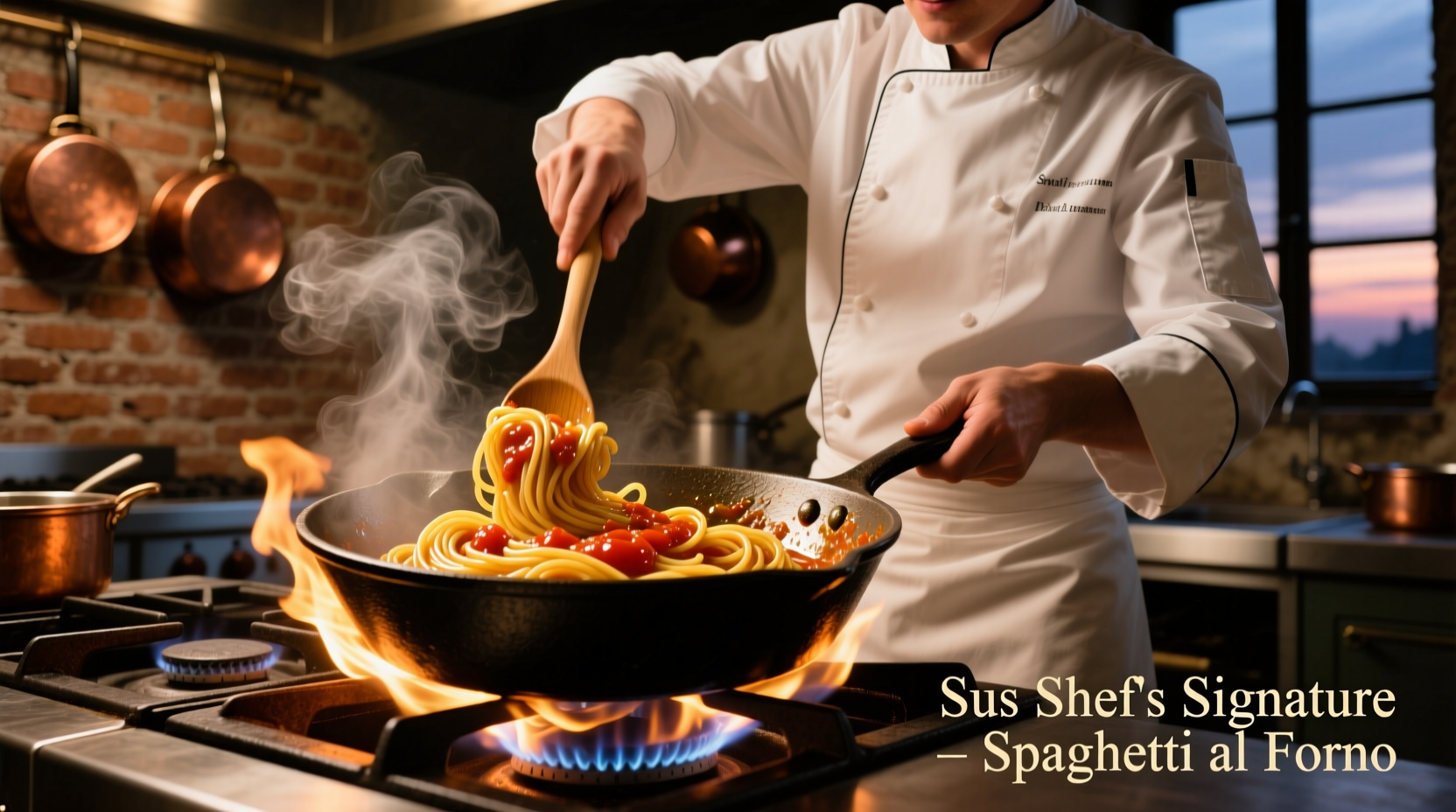 Chef stirring spaghetti in cast iron skillet