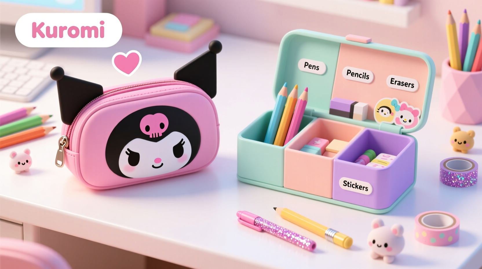 kuromi pencil case vs multi compartment which holds more cute and stuff