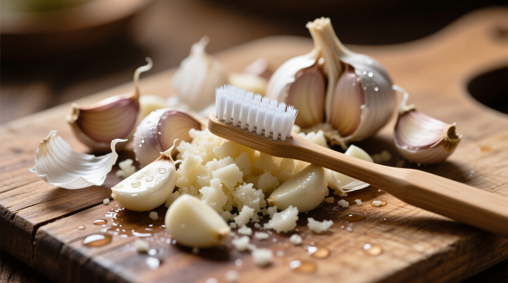 Crushed garlic on wooden cutting board with toothbrush