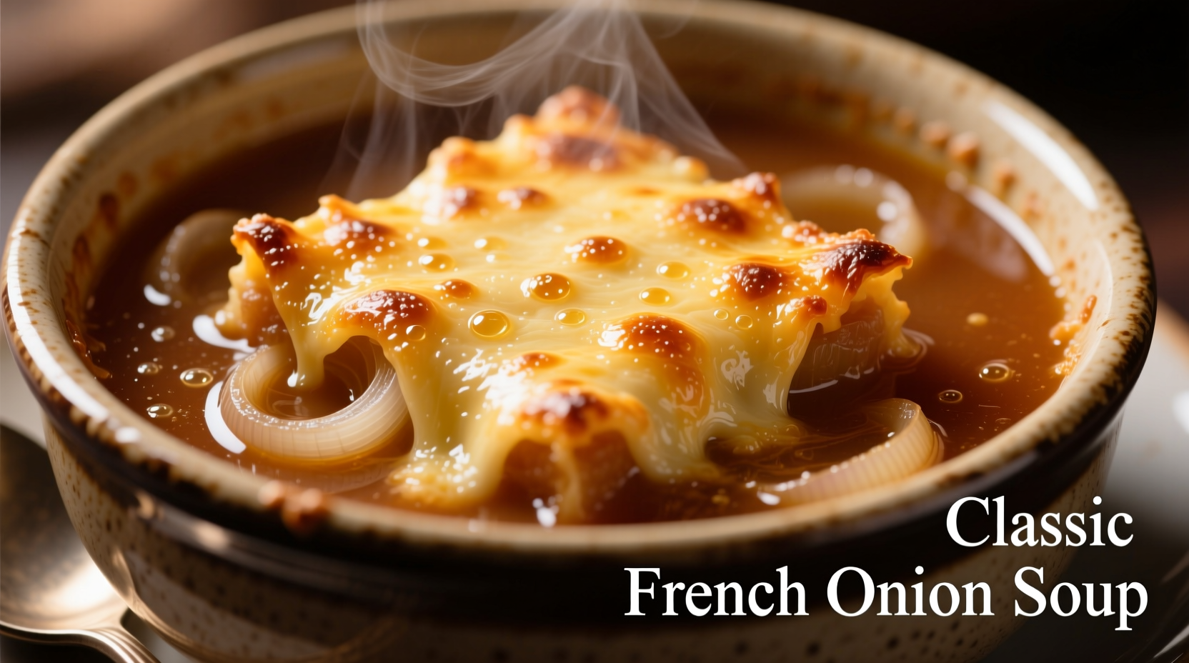 Golden French onion soup with melted cheese crust