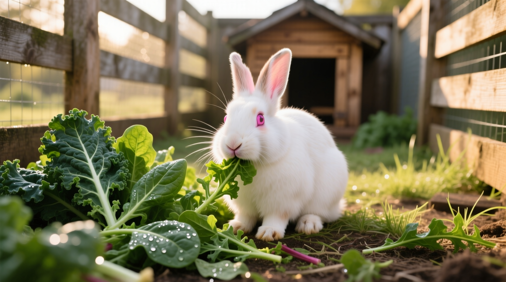 Rabbit safely eating leafy greens in enclosure