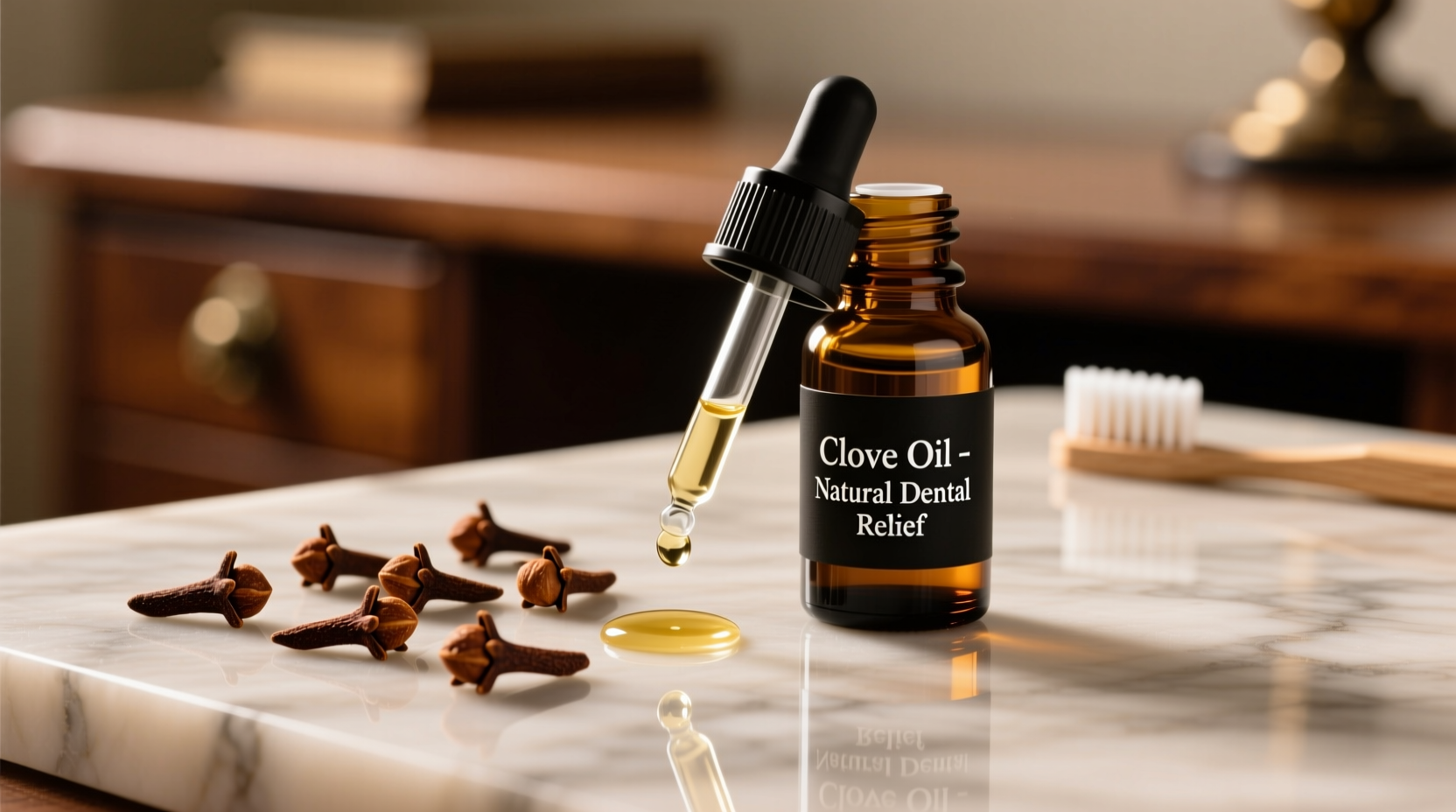 Whole cloves and clove oil bottle for dental relief