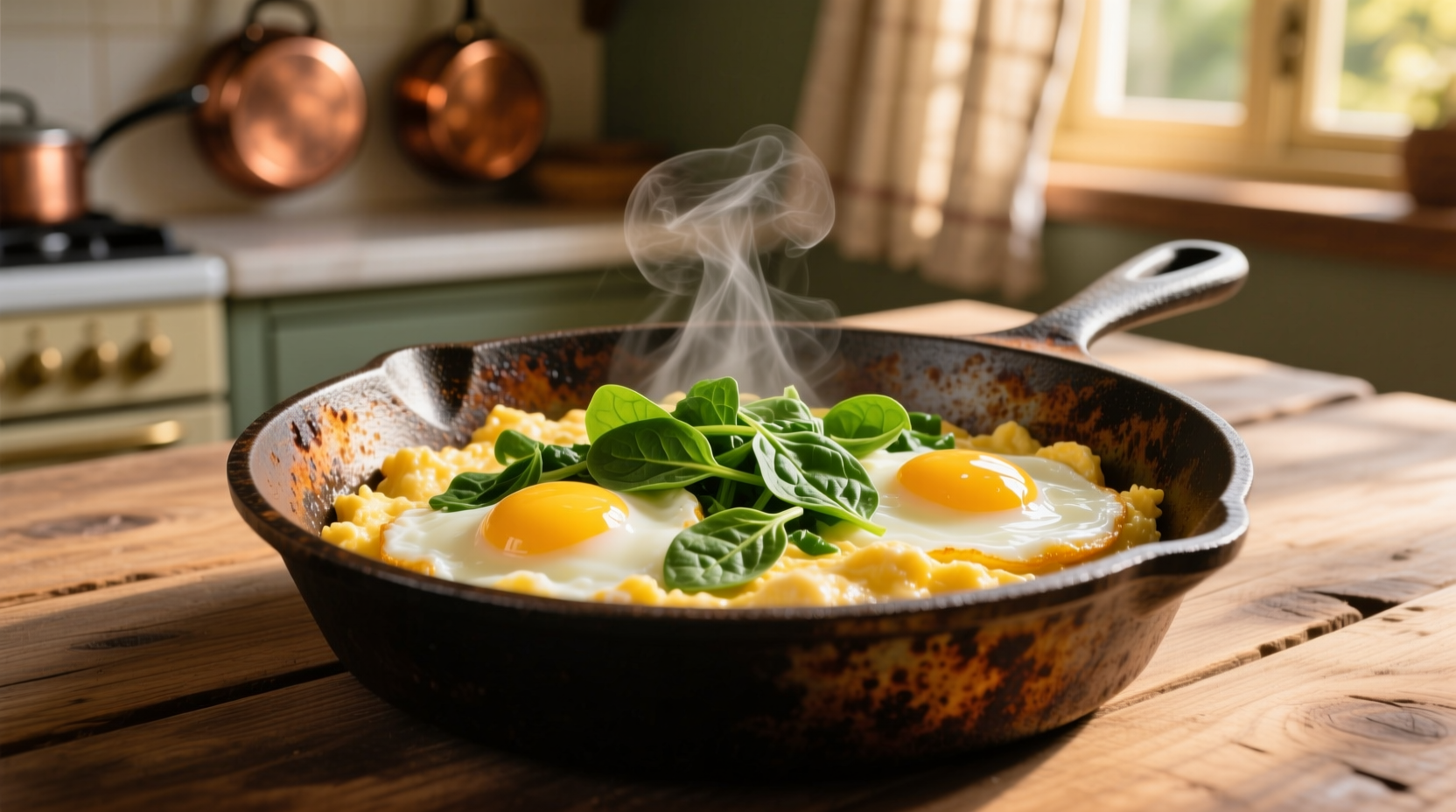 Creamy scrambled eggs with fresh spinach in cast iron skillet
