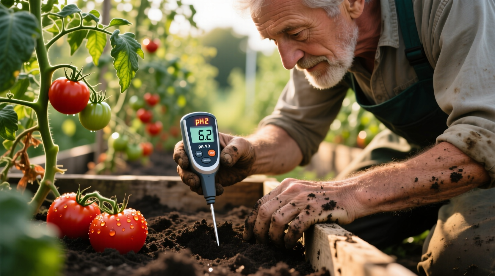 Close-up of gardener testing soil pH with meter in tomato garden
