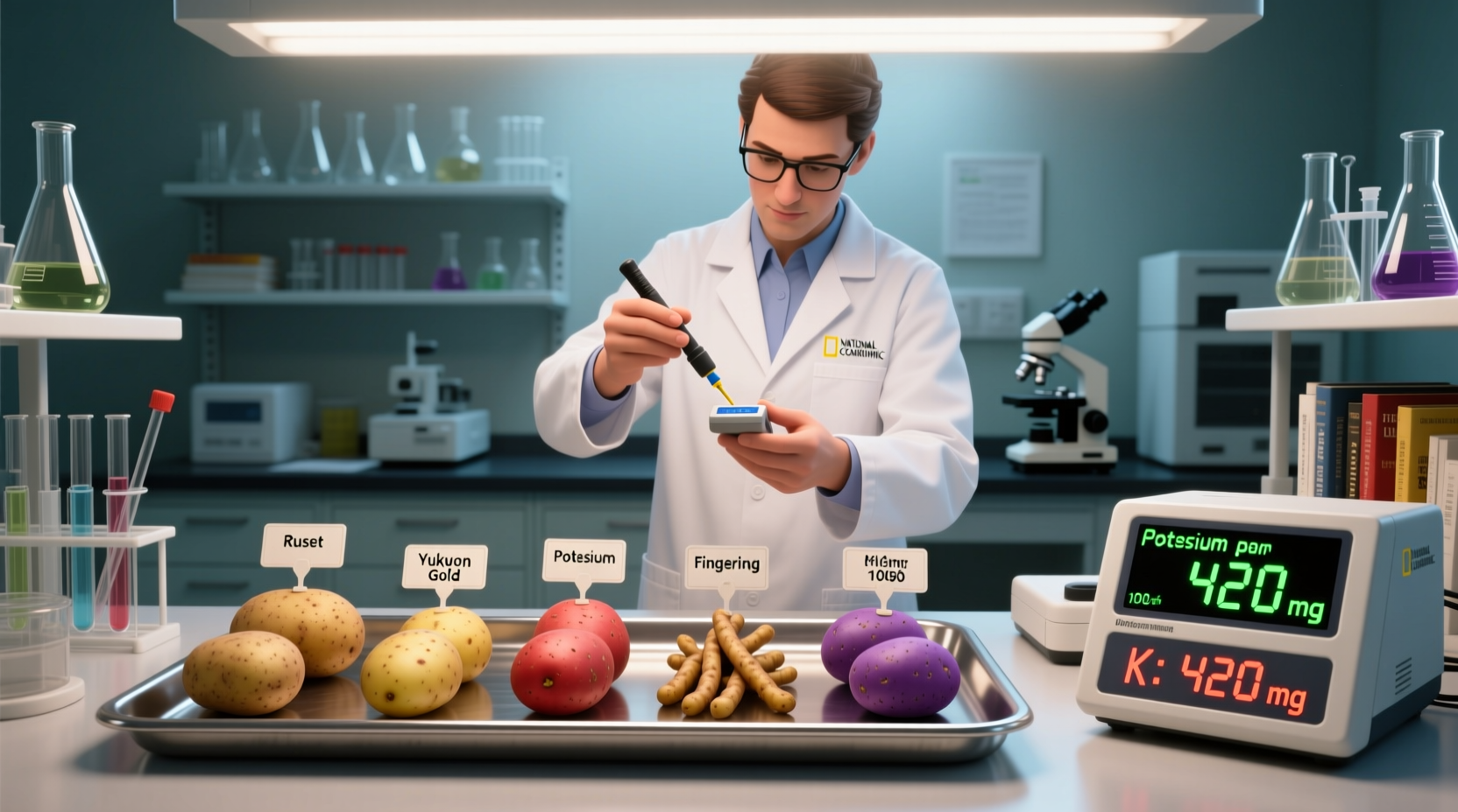 Nutritionist measuring potassium content in various potato types