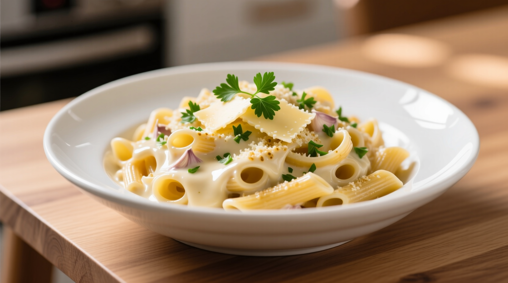 Creamy garlic parmesan pasta in white bowl with fresh parsley