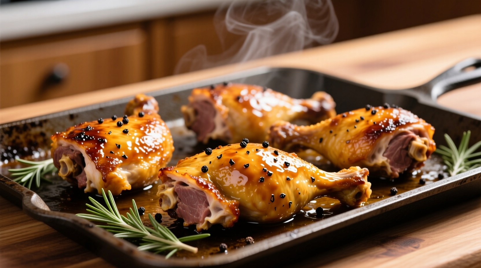 Golden roasted chicken quarters on baking sheet