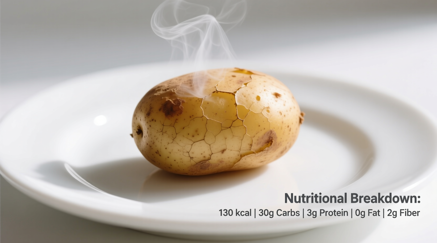 Nutritional breakdown of a small baked potato on a white plate