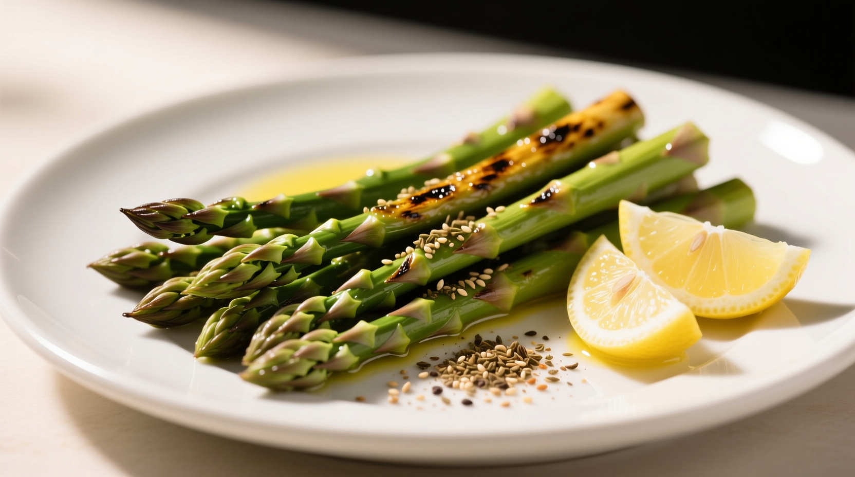 Asparagus roasted with olive oil, lemon slices, and za'atar spice blend
