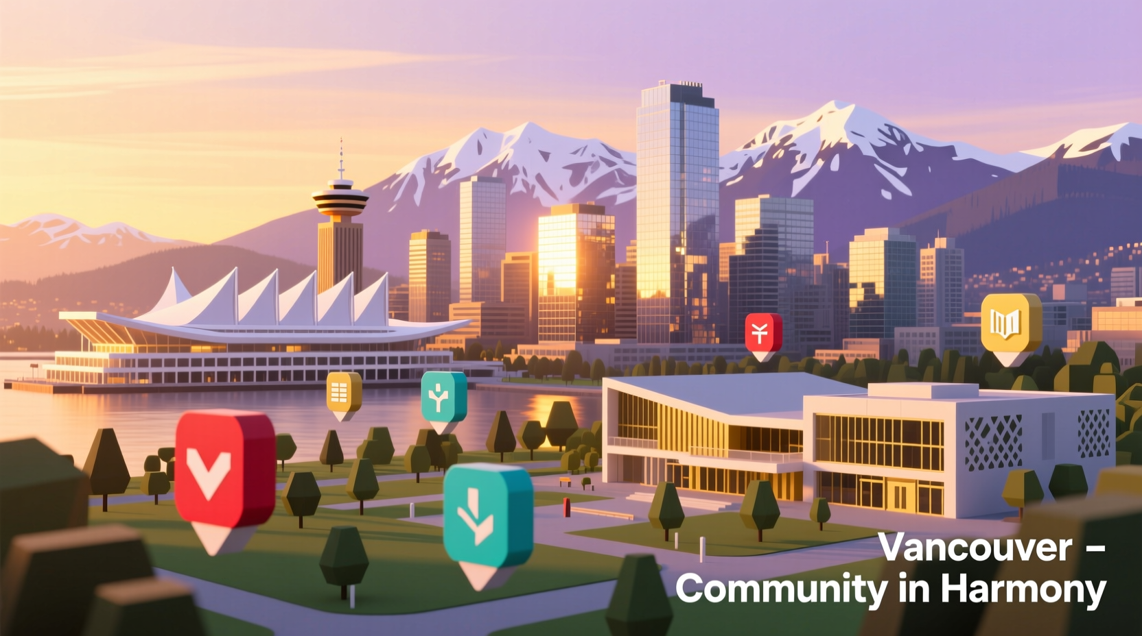 Vancouver city skyline with community center icons