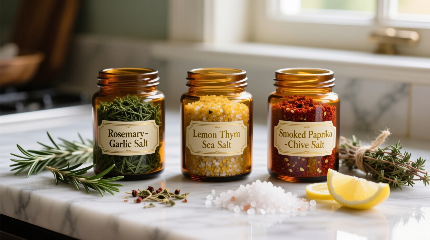 Three amber glass jars labeled 'Rosemary-Garlic Salt', 'Lemon Thyme Sea Salt', and 'Smoked Paprika-Chive Salt', each filled with textured, evenly colored blends beside whole dried herbs and coarse sea salt on a marble countertop under soft natural light