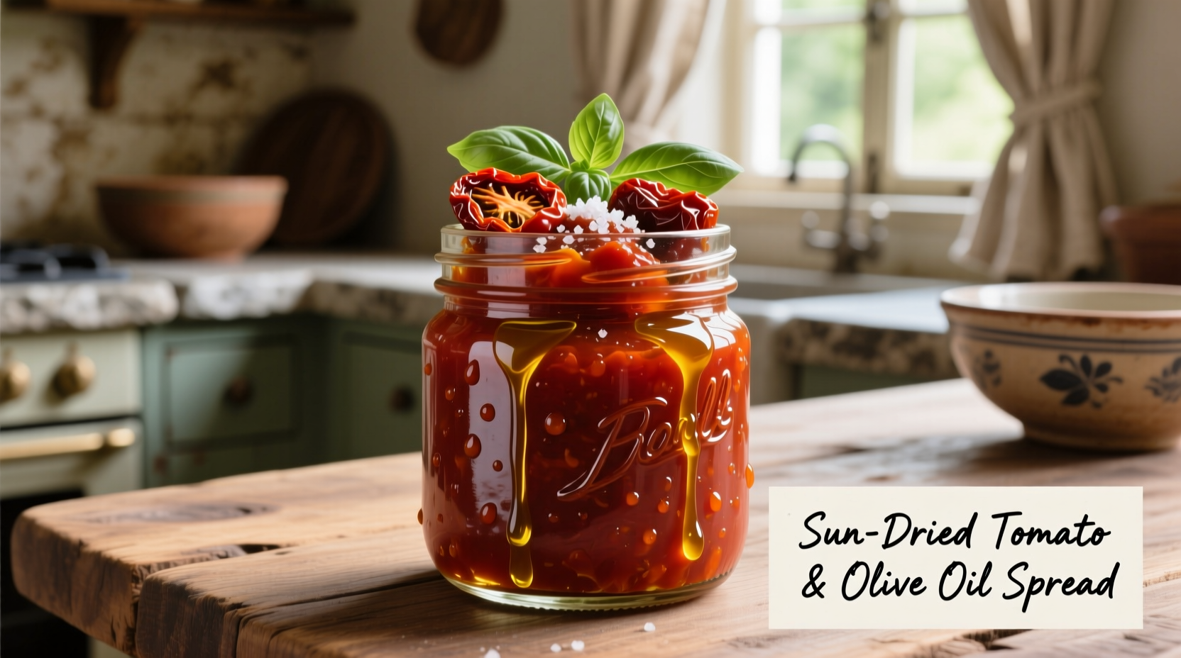 Homemade sun dried tomato spread in glass jar with olive oil