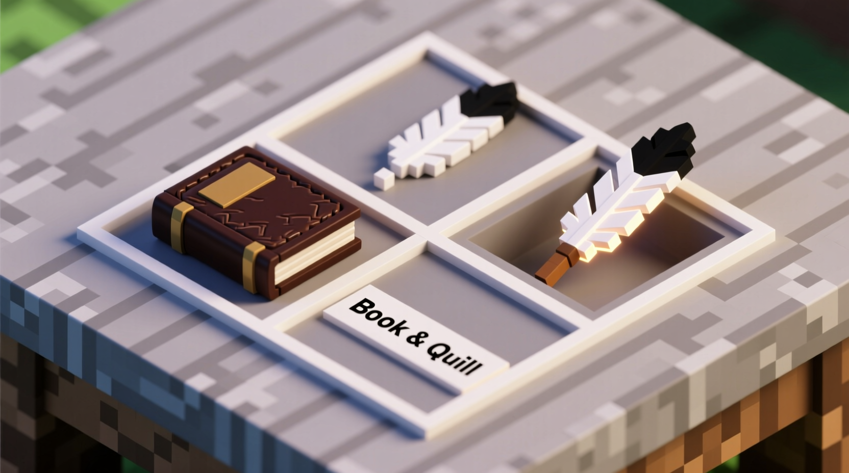 Minecraft crafting grid showing book and quill recipe layout