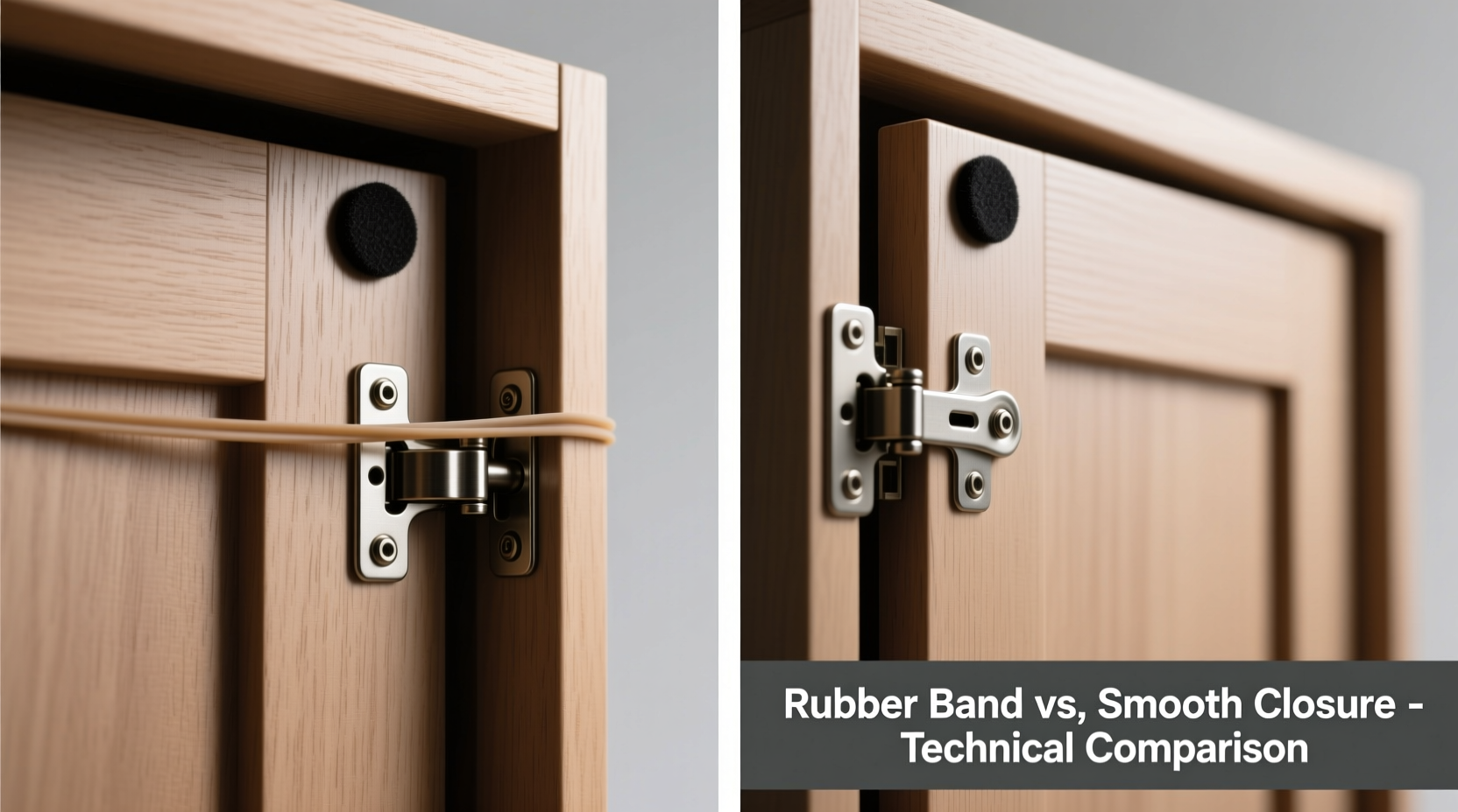 Side-by-side photo showing a cabinet door mid-closure: left side demonstrates rubber band anchored between upper door hinge pin and lower frame hinge pin, with two small black felt pads visible at top interior corners; right side shows smooth contact without gap or bounce