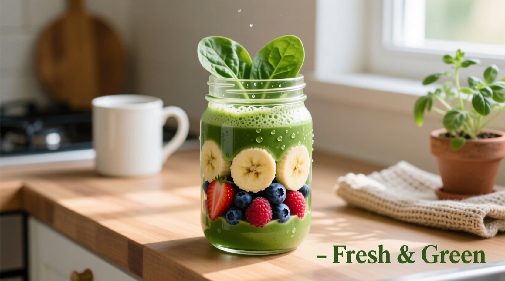 Fresh spinach smoothie in glass with banana and berries