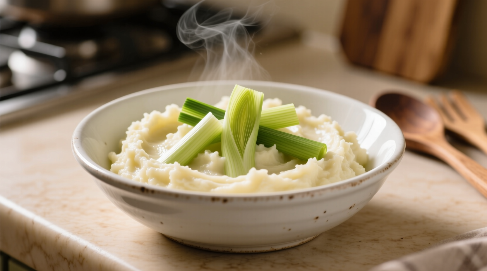 Creamy mashed potato and leek in white ceramic bowl