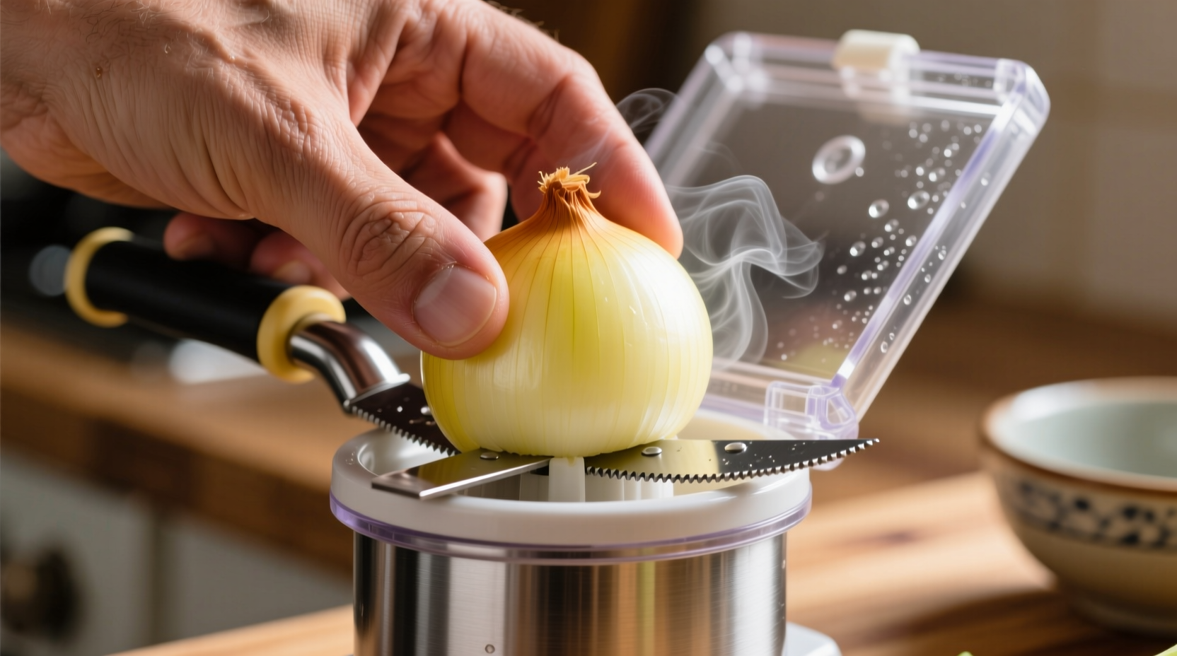 Hand pressing onion into manual chopper with safety lid