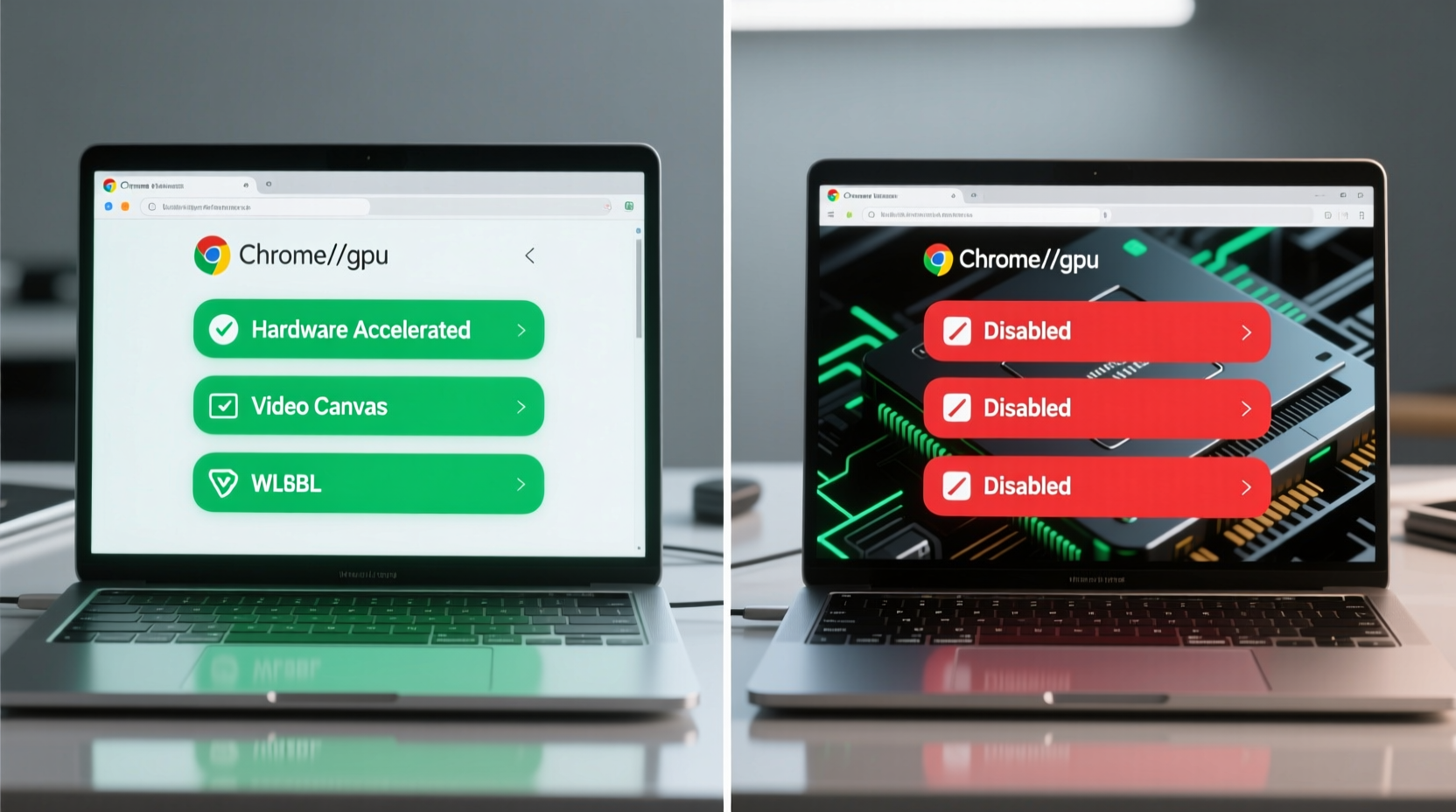 Side-by-side comparison of Chrome's chrome://gpu page showing 'Hardware accelerated' status in green for Video, Canvas, and WebGL versus red 'Disabled' indicators on an older laptop with outdated drivers