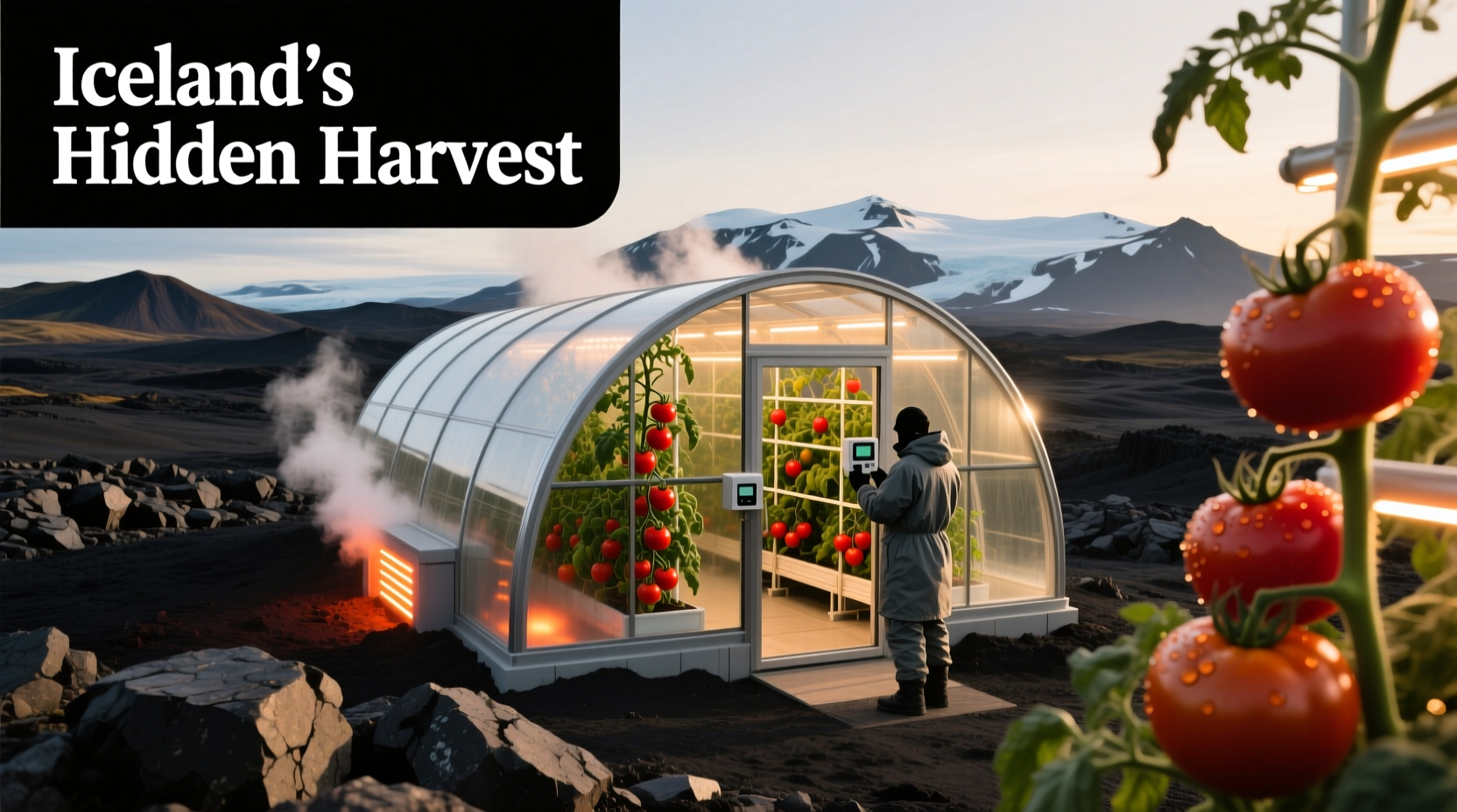 Geothermal greenhouse growing tomatoes in Iceland's volcanic landscape