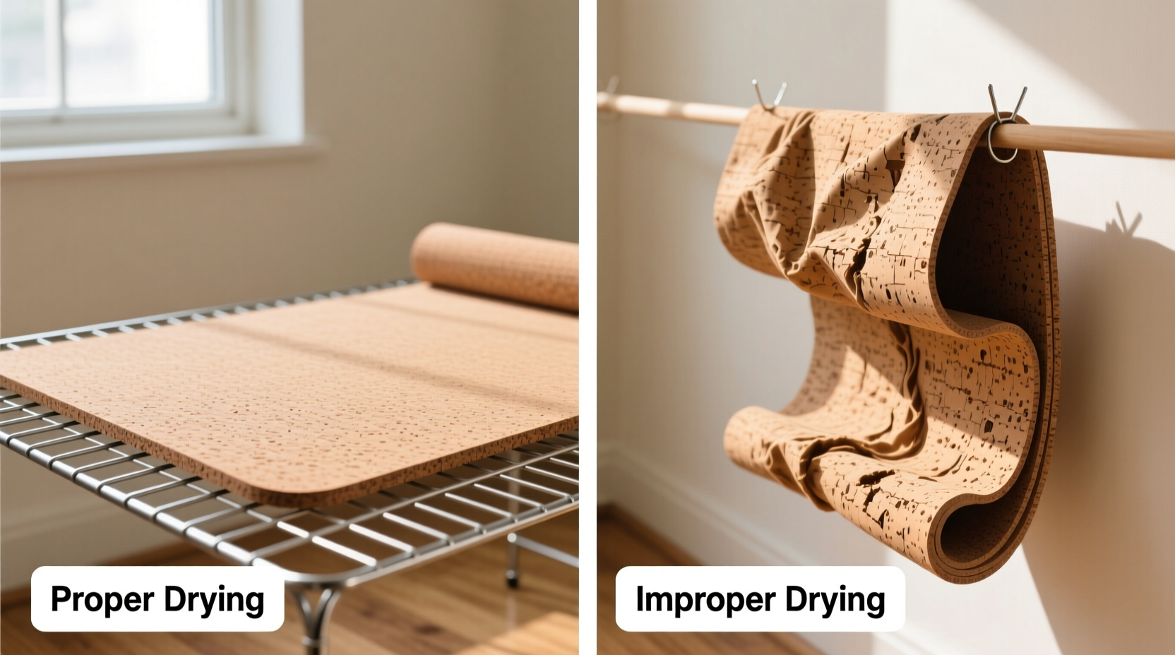 Side-by-side comparison showing a properly dried cork yoga mat lying flat on a wire rack versus a warped mat curled at the edges after improper hanging and sun exposure